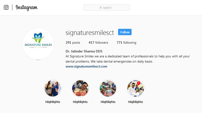 Signature Smiles Family Dentistry Instagram page screeshot
